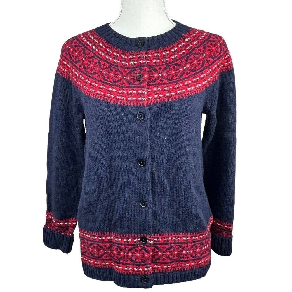 Talbots Navy Blue Red Wool Fair Isle Button Front Cardigan MP M Petite